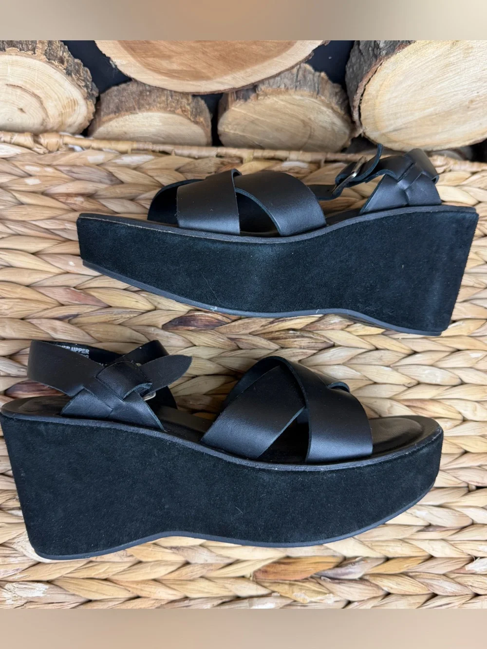 Kork-Ease Ava Classic Black Leather Platform Sandals with Cross-Strap